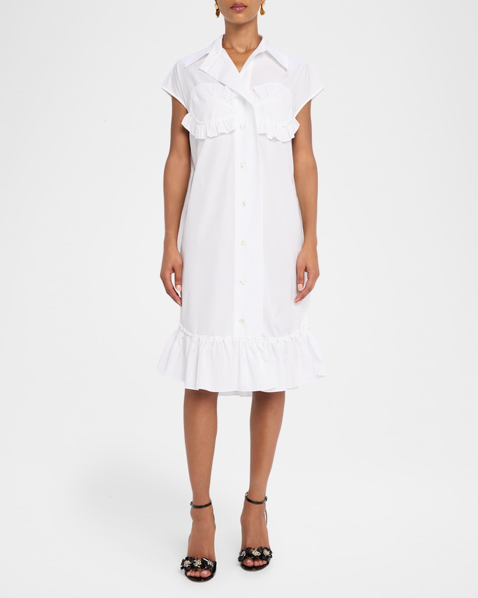 Ruffle Bust Cap-Sleeve Cotton Shirtdress Product Image