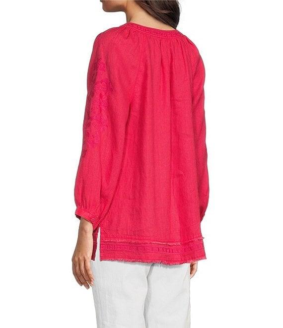 John Mark Linen Embroidered Split Neck 3/4 Sleeve Tunic Product Image