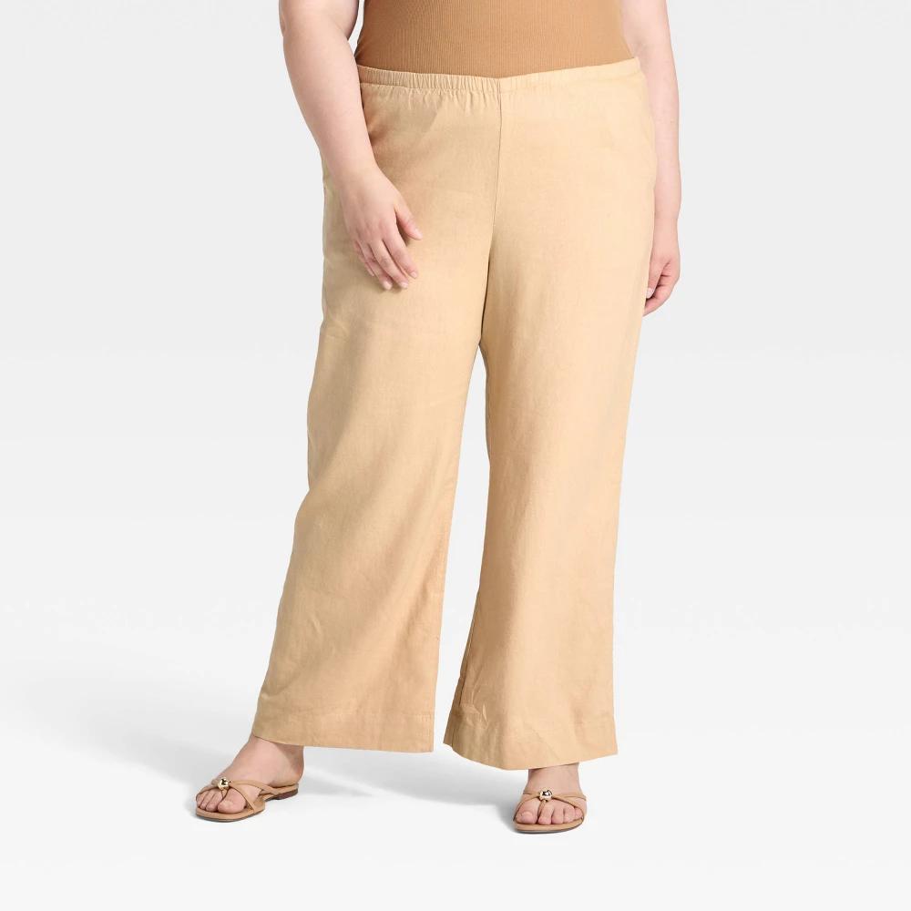 Women's Mid-Rise Wide Leg Linen Pull-On Pants - A New Day™ Brown 4X Long Product Image