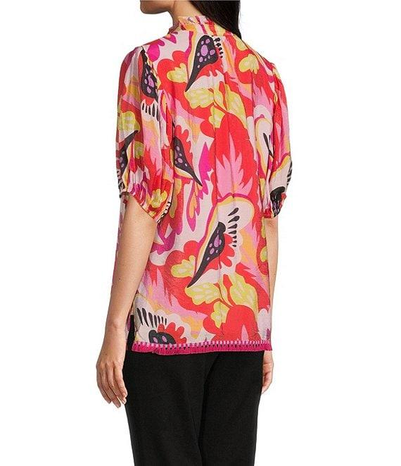 Calessa Petite Size Woven Modern Abstract Print Ruffled Split V-Neck Elbow Sleeve Tunic Product Image