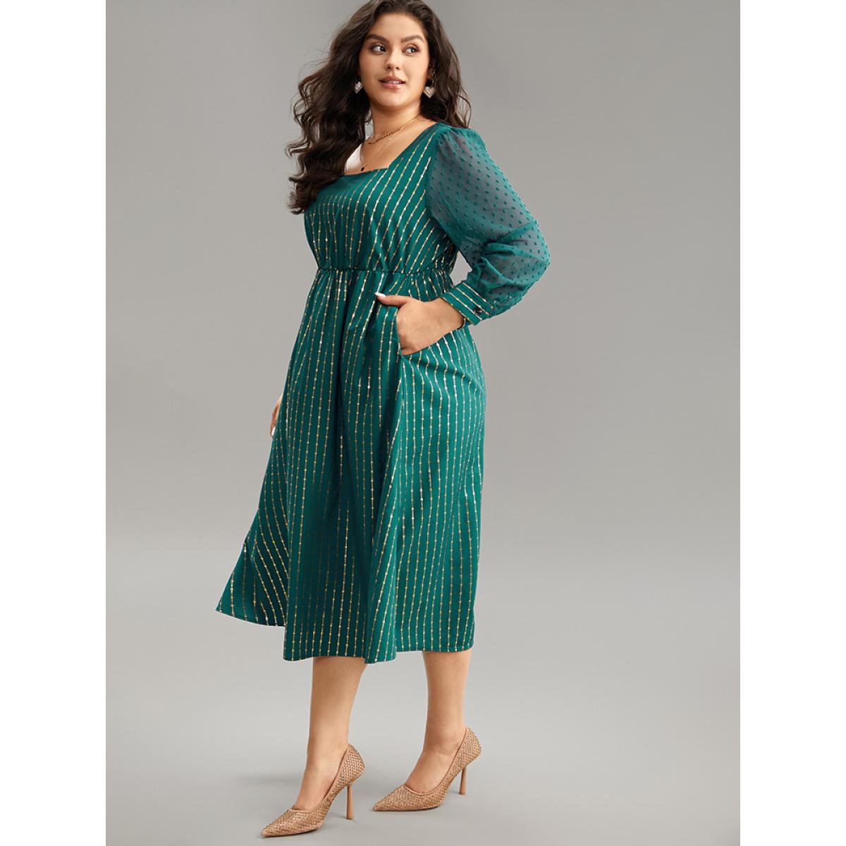 Plus Size Glitter Striped Patchwork Mesh Square Neck Dress Cyan Women Party See through Square Neck Long Sleeve Curvy Midi Dress BloomChic 28/5X Product Image