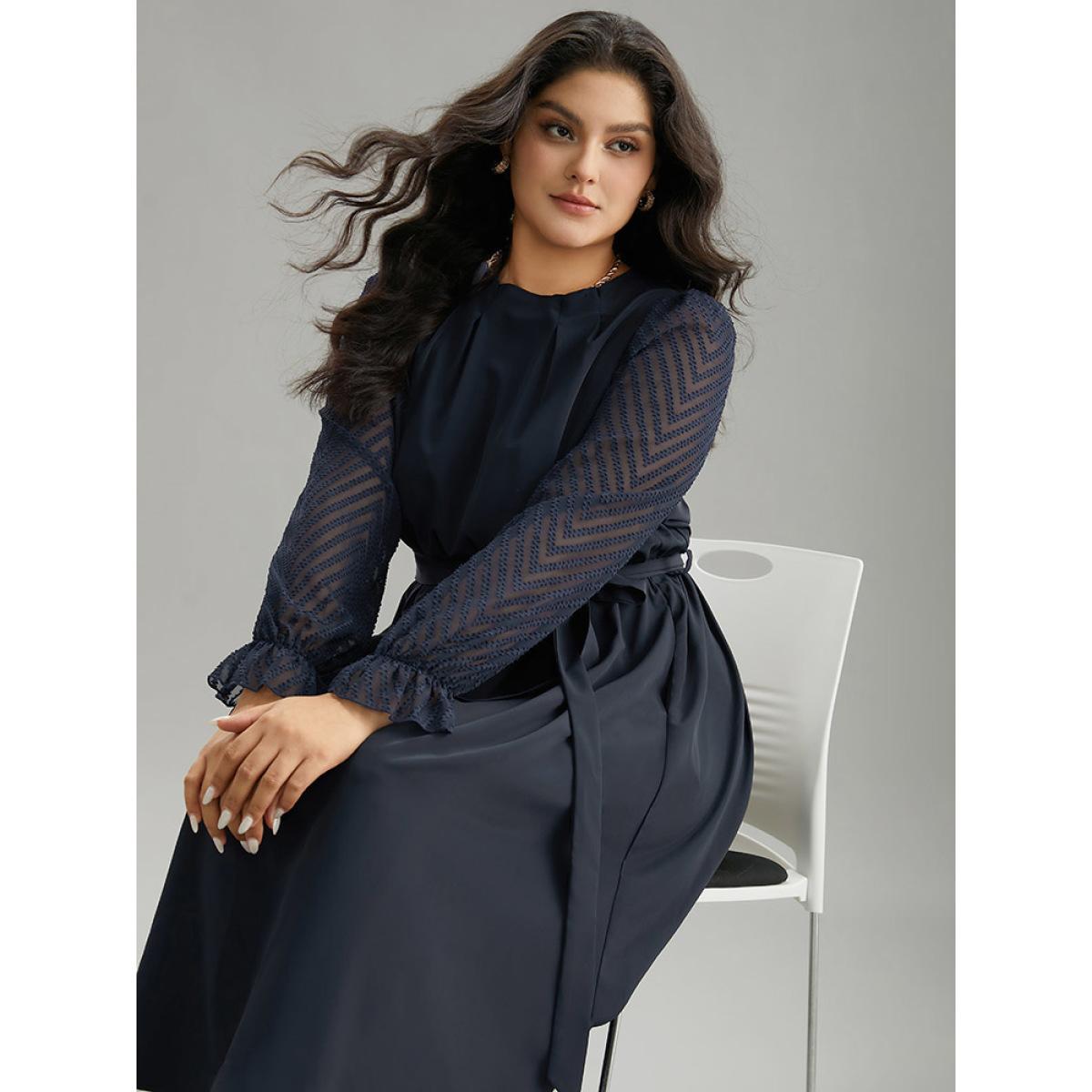 Plus Size Twill Mesh Patchwork Belted Plicated Detail Dress DarkBlue Women Elegant Texture Mock Neck Long Sleeve Curvy Midi Dress BloomChic 22-24/3X Product Image