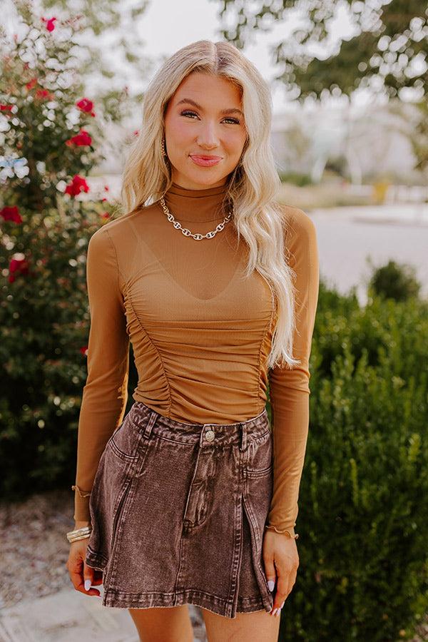 Chic Lifestyle Ruched Mesh Top in Brown Product Image