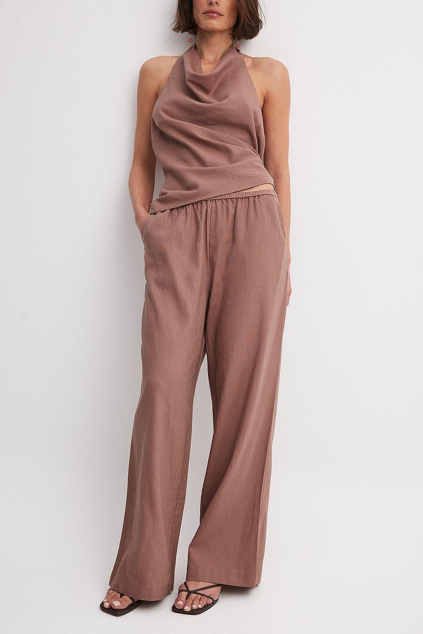 Elastic Mid Waist Linen Blend Pants Product Image