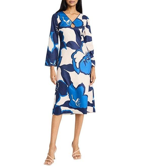 Donna Morgan Twill Floral Placement V-Neck Long Sleeve Front Keyhole Caftan Dress Product Image