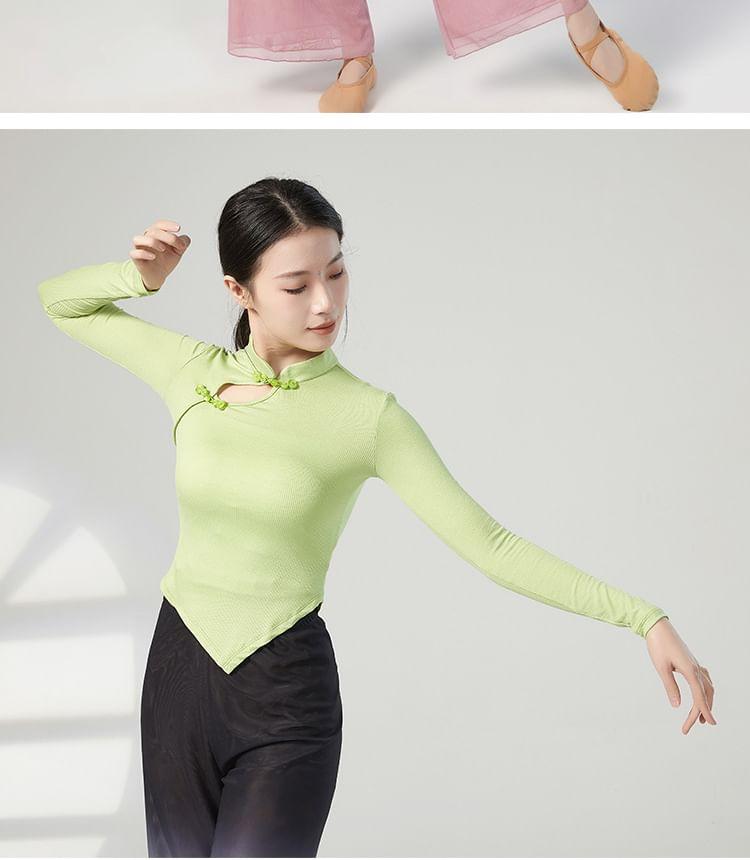 Long-Sleeve Mock Neck Plain Asymmetrical Dance Top Product Image