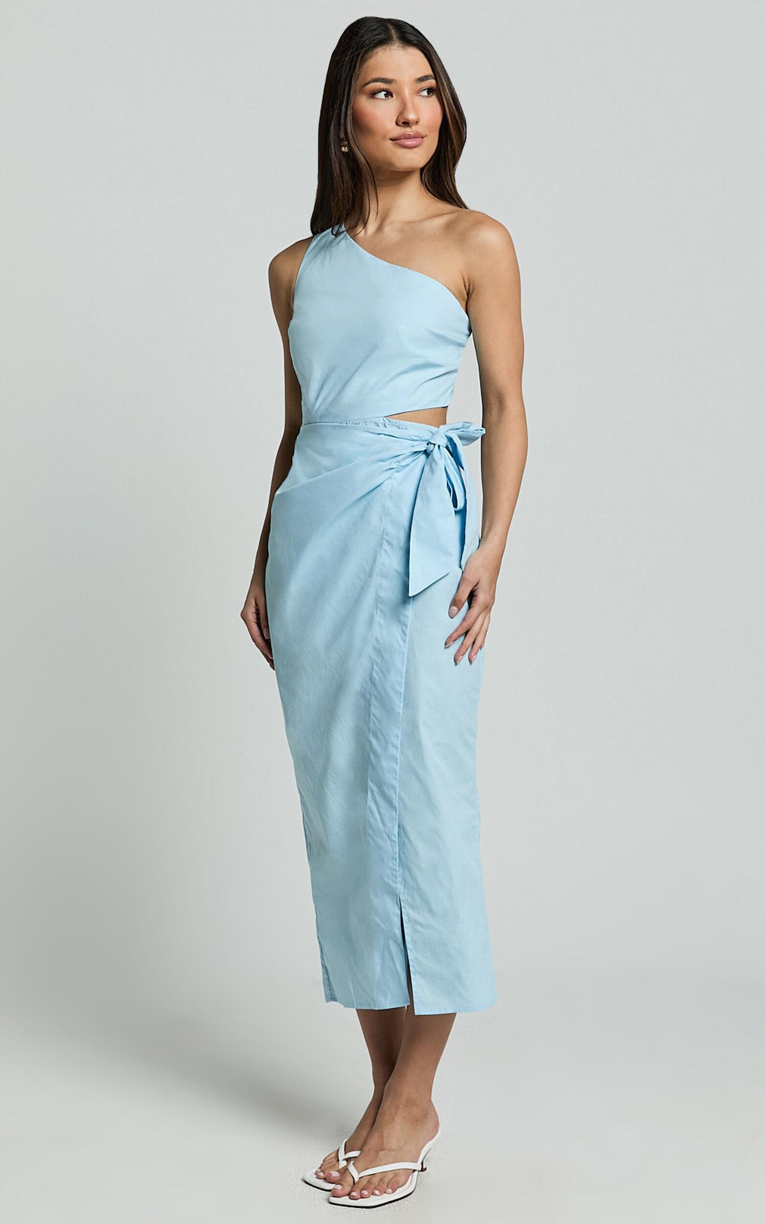 Rina Midi Dress - One Shoulder Side Cut Out Wrap Dress in Blue Product Image