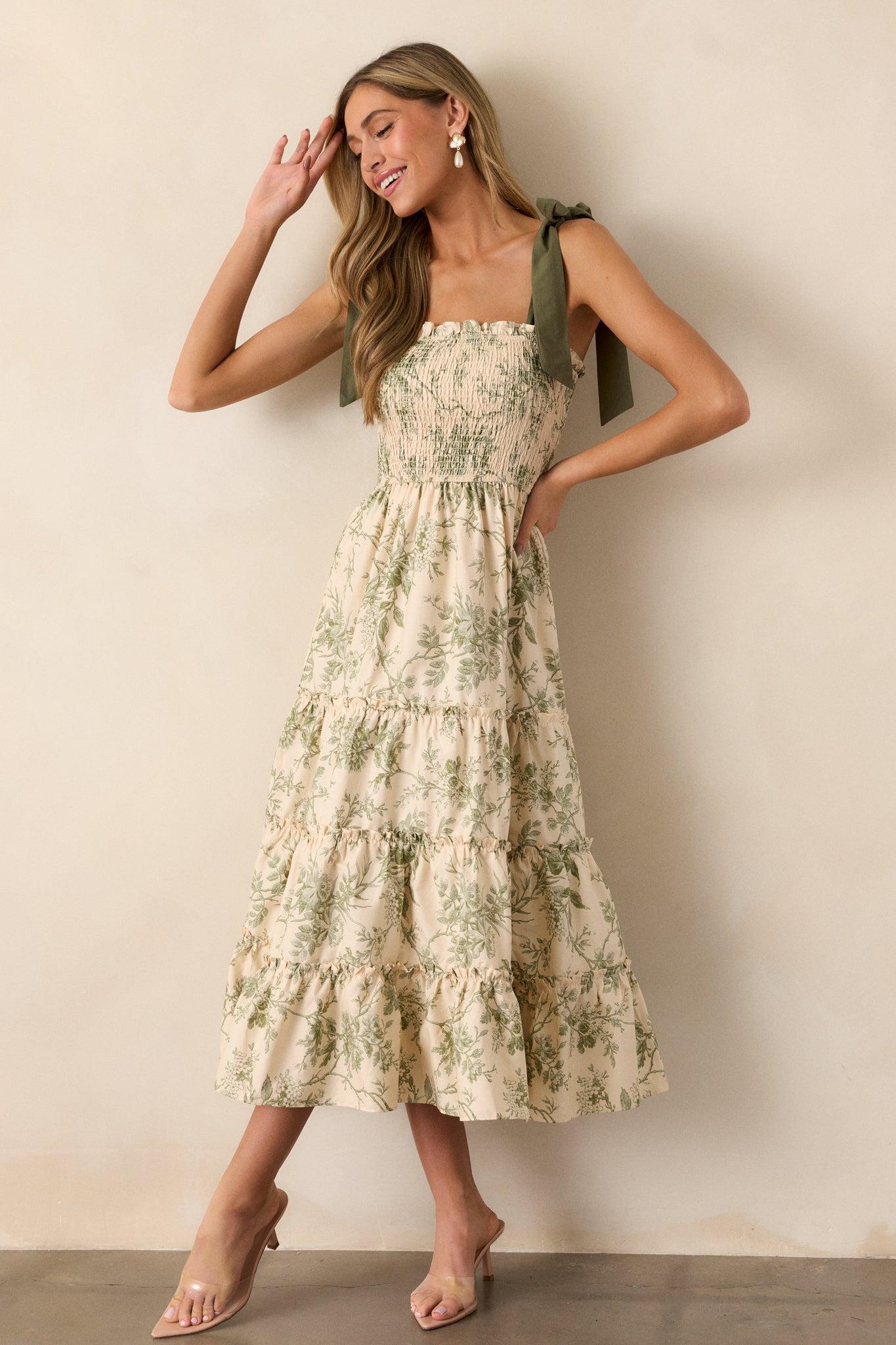 Wildflower Whisper 100% Cotton Ivory Green Floral Midi Dress Product Image