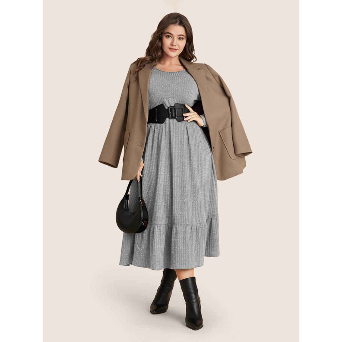 Plus Size Solid Pocket Rib Knit Ruffle Hem Dress Without Belt DarkGray Women Basics Non Round Neck Long Sleeve Curvy Midi Dress BloomChic 22-24/3X Product Image