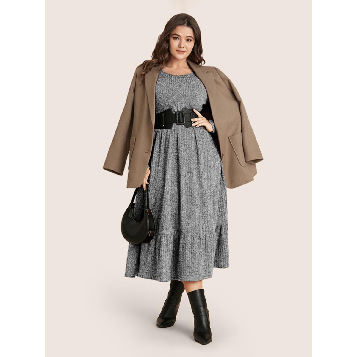 Plus Size Solid Pocket Rib Knit Ruffle Hem Dress Without Belt Mediumgray Women Basics Non Round Neck Long Sleeve Curvy Midi Dress BloomChic 10/M Product Image