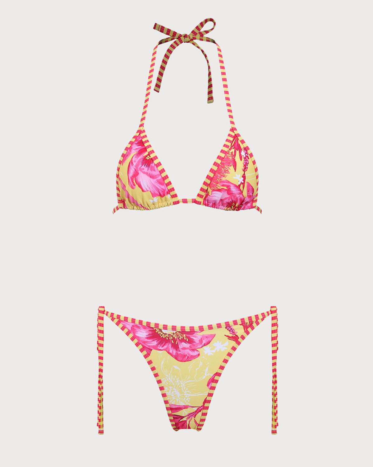 Yellow Floral Halter Drawstring Triangle Bikini Set Product Image