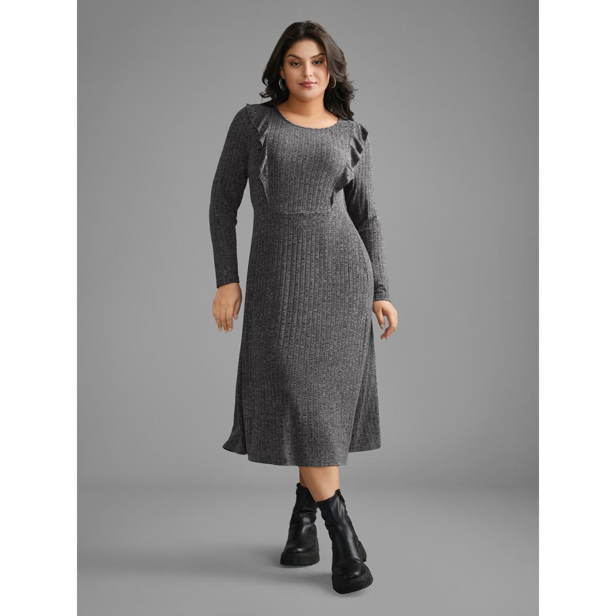 Plus Size Crew Neck Ruffle Trim Knit Dress DarkGray Women Casual Texture Knit Dresses Bloomchic 26/4X Product Image