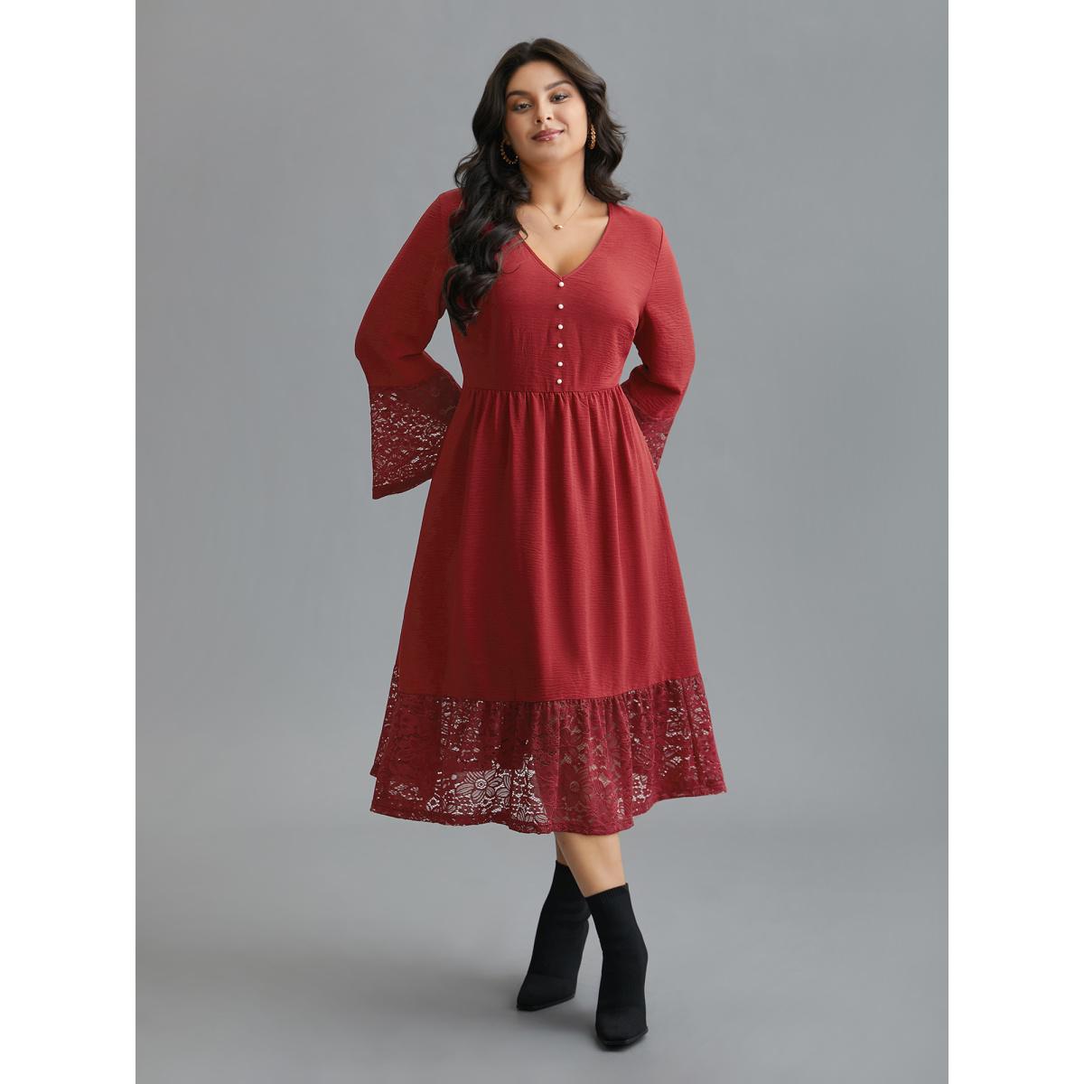 Plus Size Lace Tiered Skirt Elastic Waist V-Neck Dress Burgundy Women Elegant Woven ribbon&lace trim V-neck Long Sleeve Curvy BloomChic 26/4X Product Image