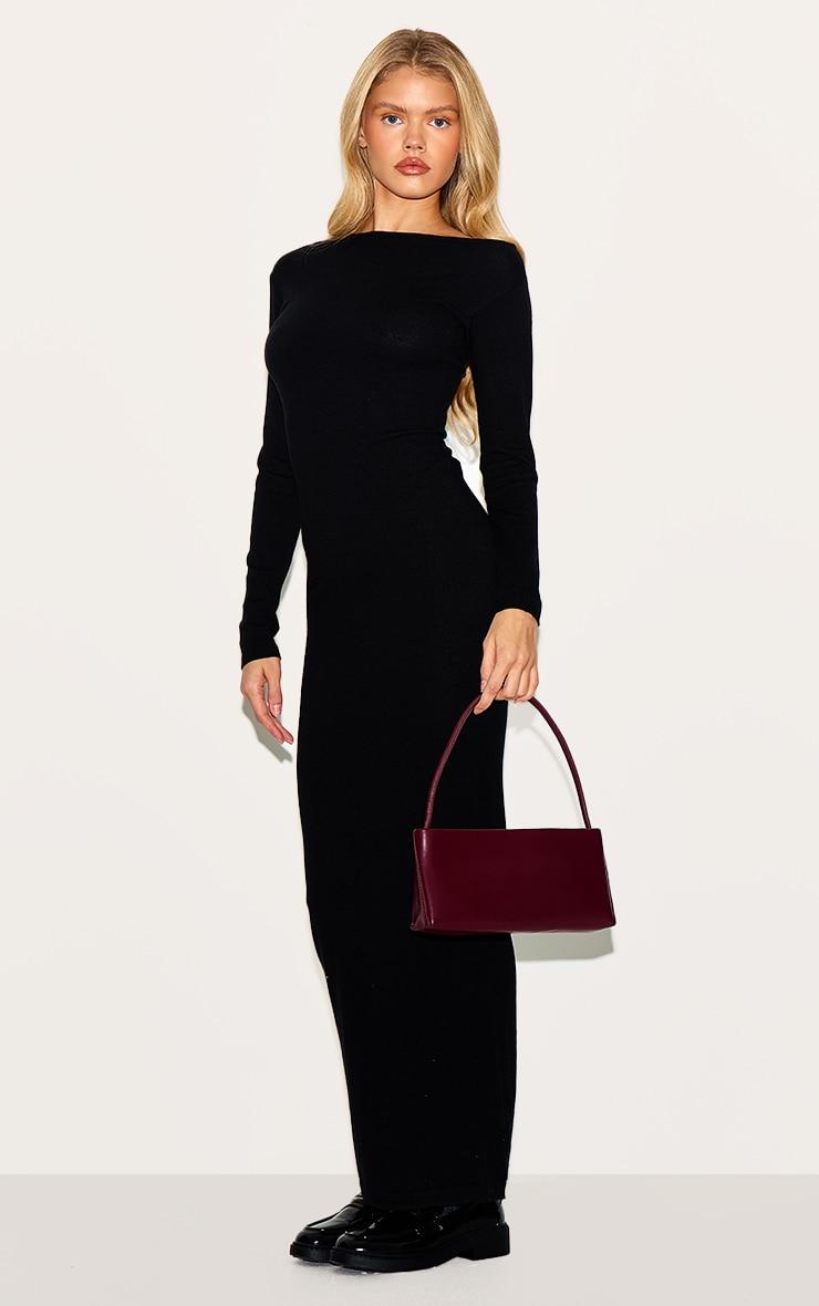 Black Basic Knit Asymmetric Neckline Long Sleeve Maxi Dress Product Image