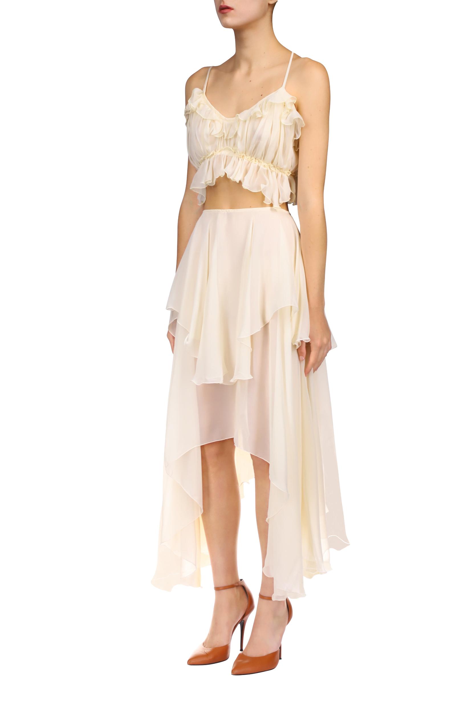 Cream Silk Chiffon Blouse and Tiered Skirt Ensemble Product Image