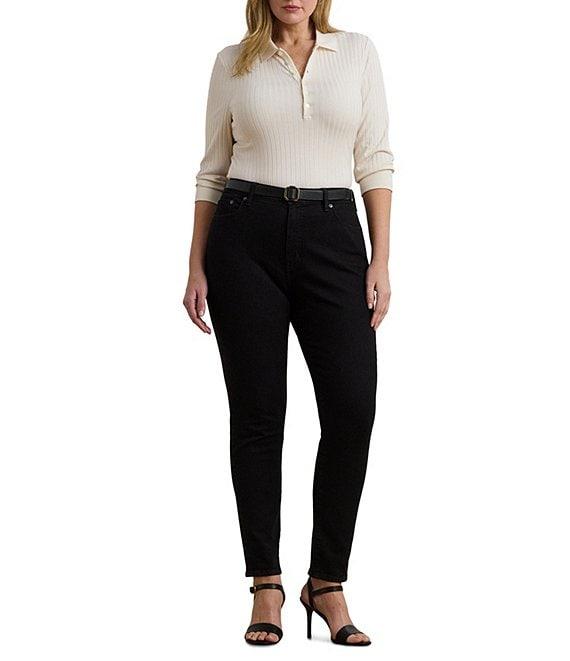 Lauren Ralph Lauren Plus Size Ribbed Knit Collar 3/4 Sleeve Polo Shirt Product Image