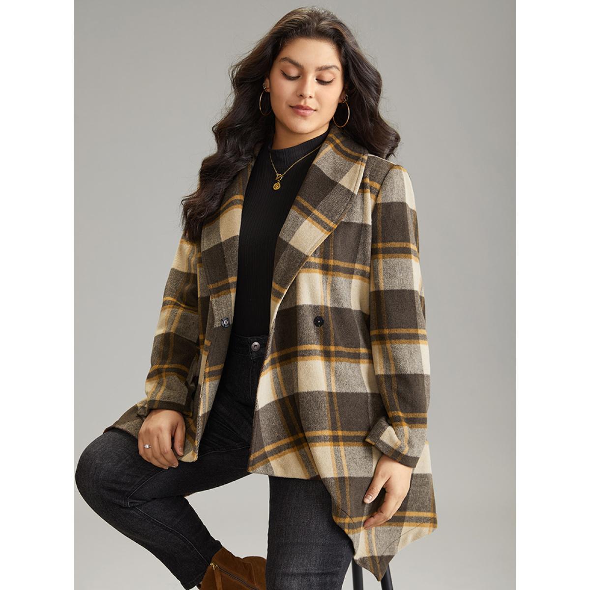 Plus Size Plaid Belted Lapel Collar Hanky Hem Coat Women DarkBrown Casual Belted Ladies Dailywear Winter Coats BloomChic 14-16/1X Product Image