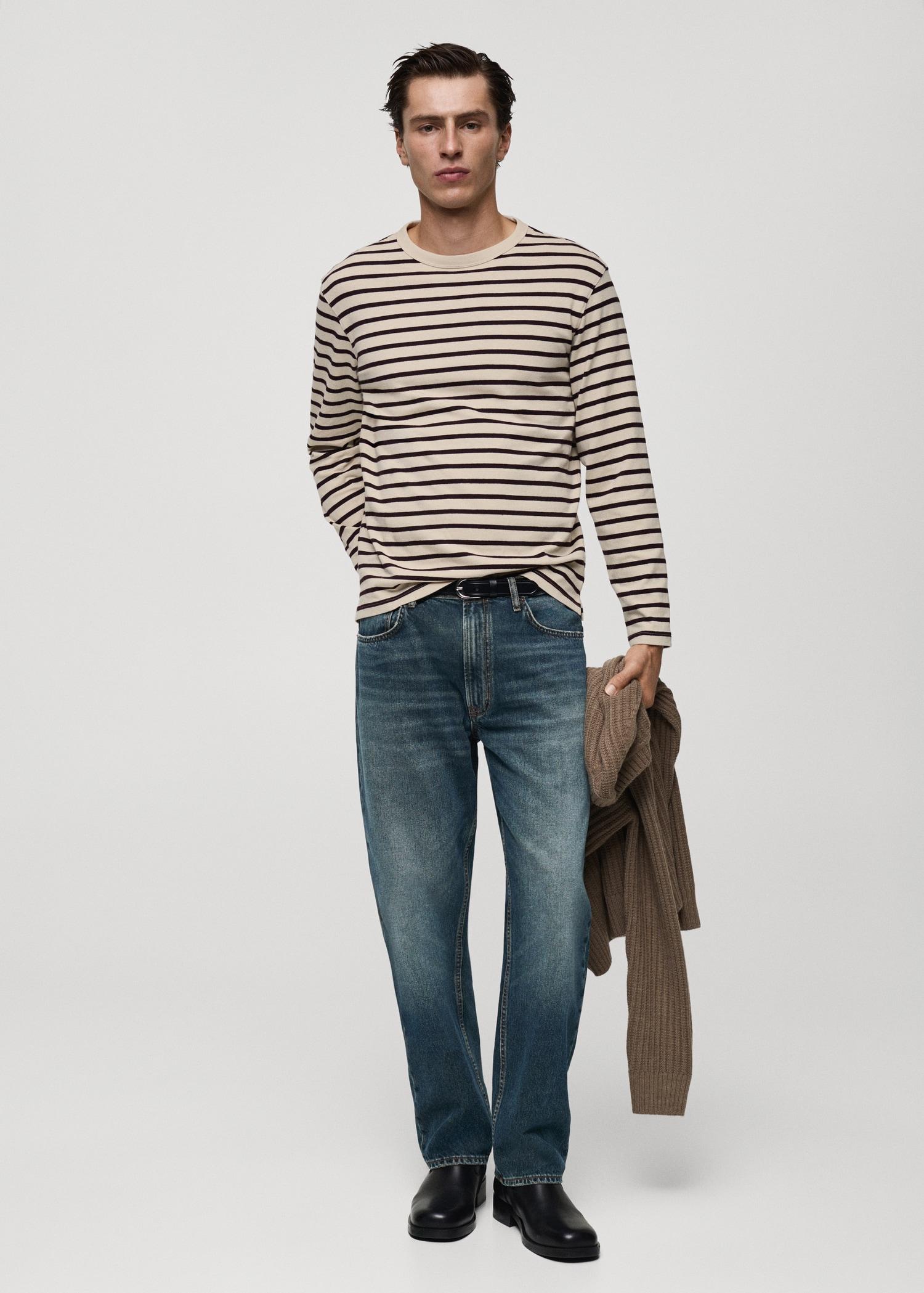 Striped 100% cotton t-shirt - Men | MANGO USA Product Image