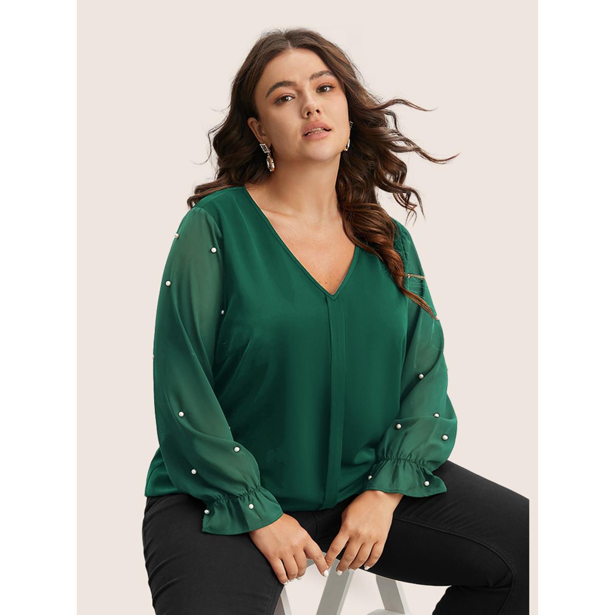 Plus Size DarkGreen Pearl Beaded Mesh Patchwork Ruffles Blouse Women Timeless Long Sleeve V-neck Elegant Blouses BloomChic 10/M Product Image