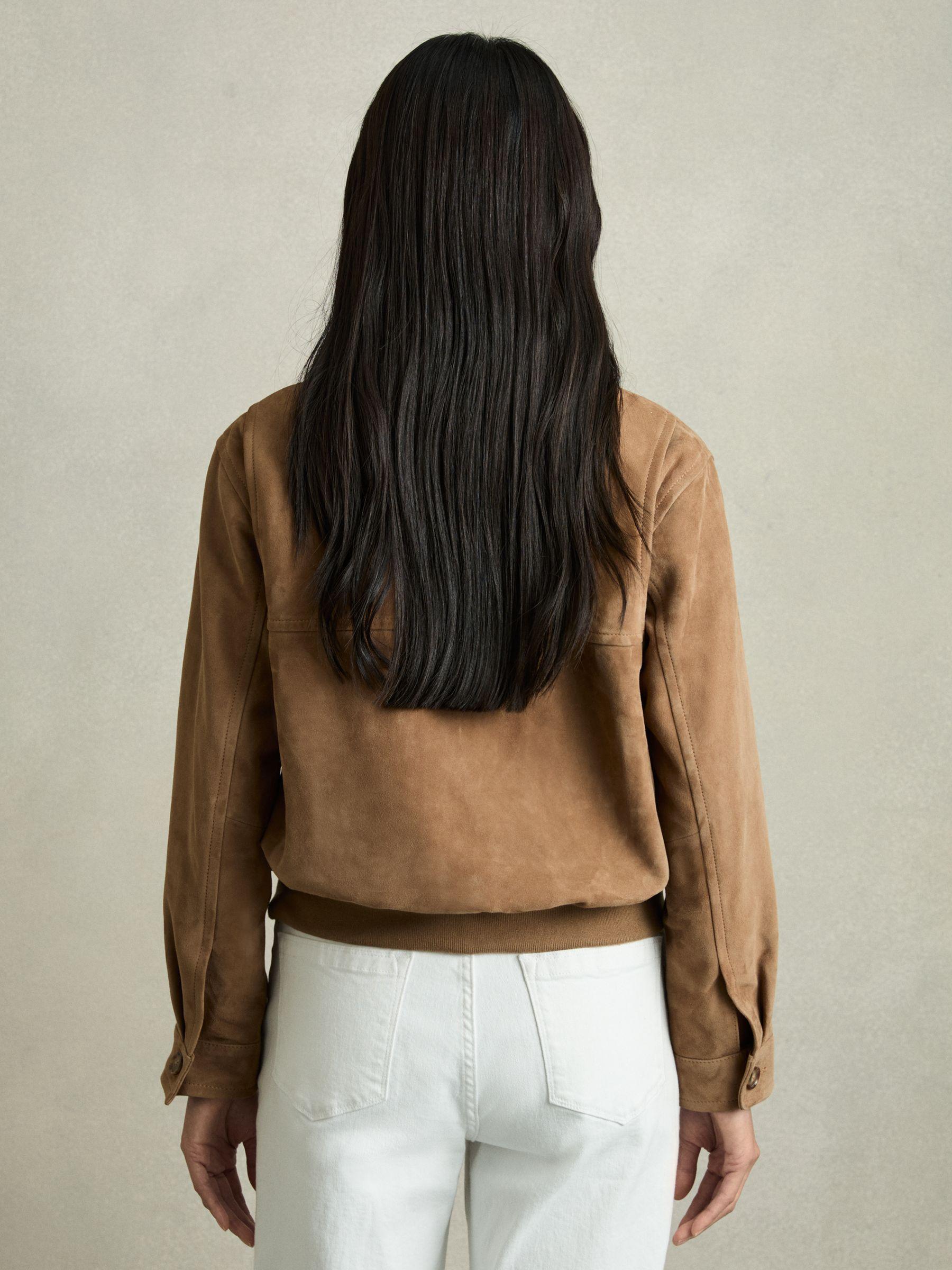 Suede Zip Through Bomber Jacket in Tan Product Image