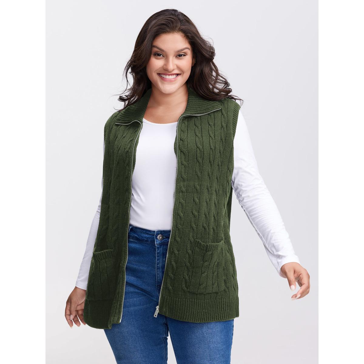 Plus Size Cable Zipper Sleeveless Knit Cardigan ArmyGreen Women Leisure Loose Sleeveless Casual Cardigans BloomChic 14-16/1X Product Image
