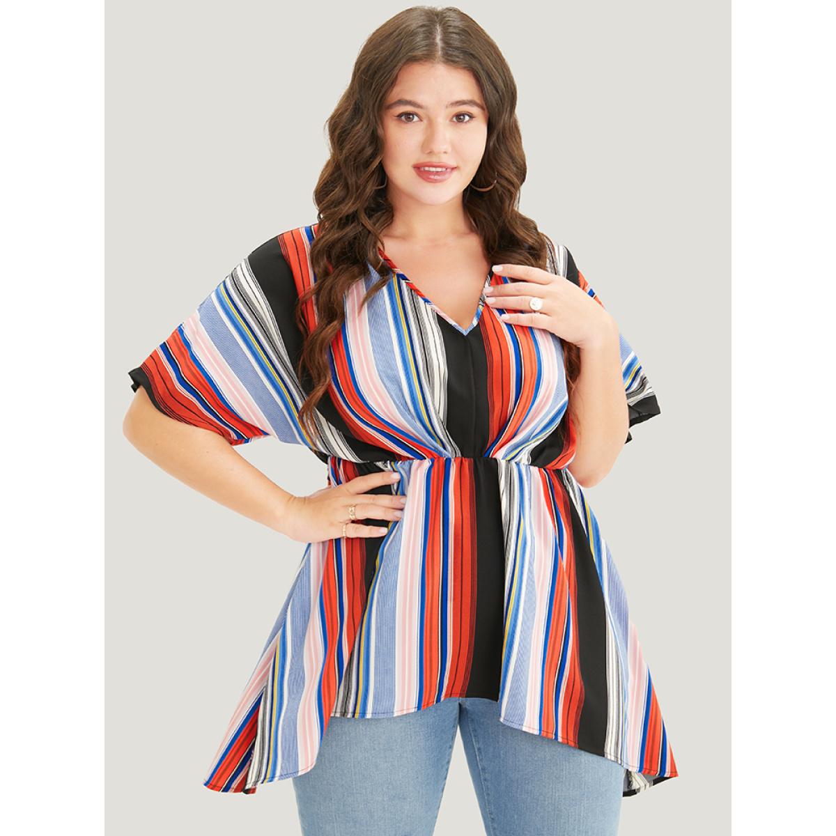 Plus Size Stone Striped Contrast Dolman Sleeve Asymmetrical Hem Blouse Women Vacation Short sleeve V-neck Dailywear Blouses BloomChic 12/L Product Image