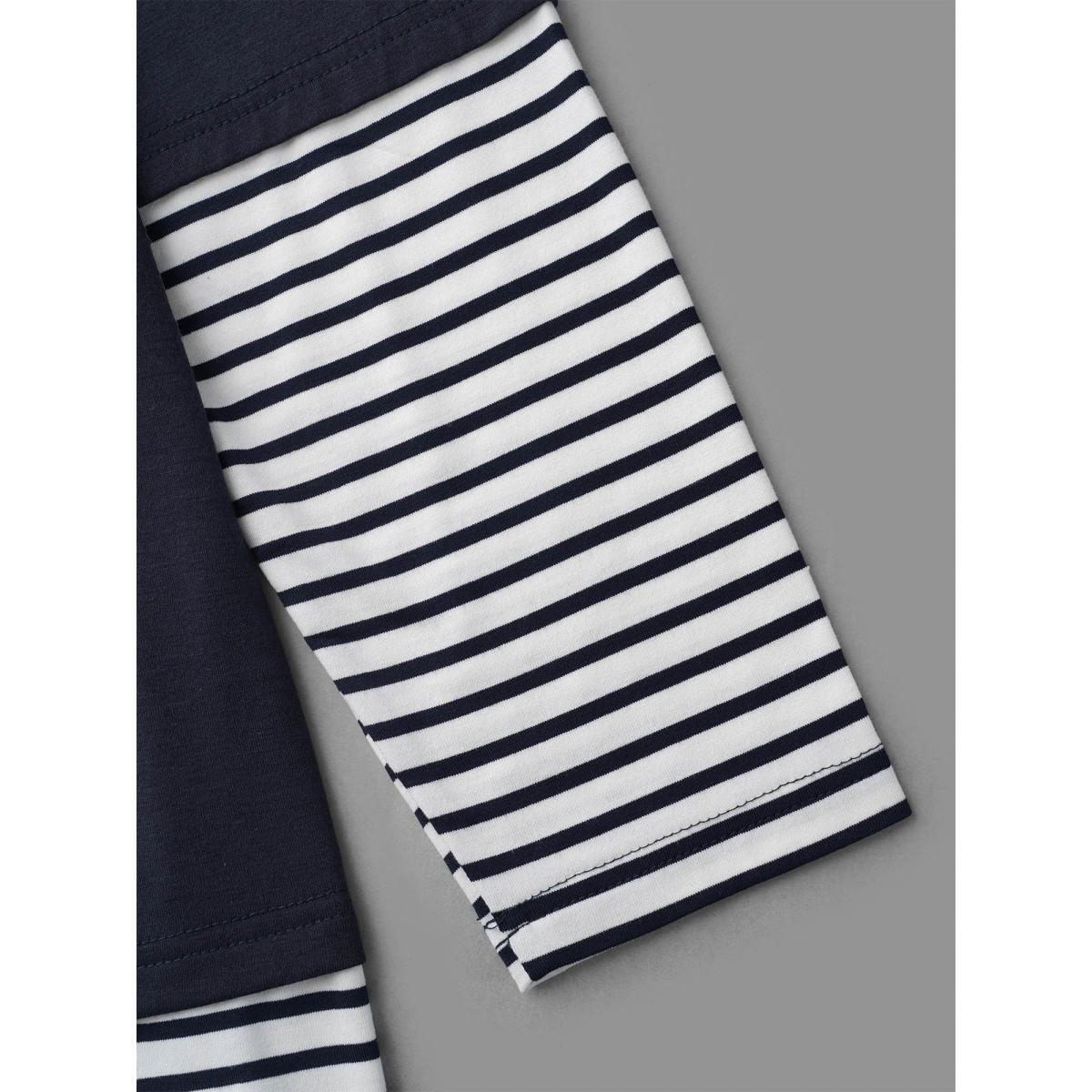 Plus Size Boat Neck Striped Patchwork T-Shirt Indigo Women Casual Contrast Boat Neck Everyday T-shirts BloomChic 28/5X Product Image