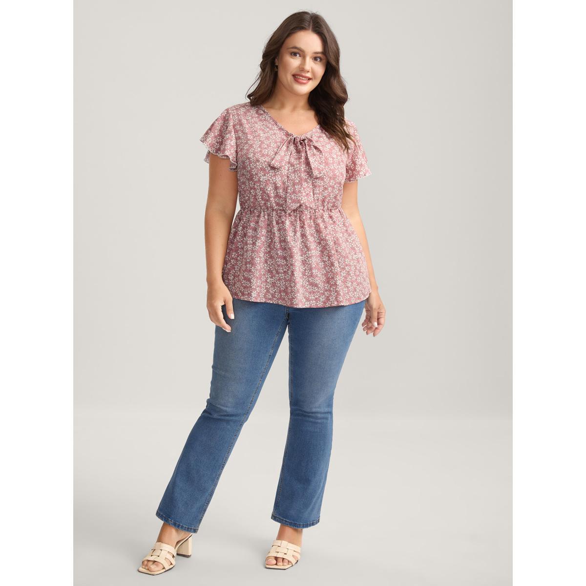 Plus Size Dirtypink Ribbon Neck Floral Print Ruffled Blouse Women Cap Sleeve Ribbon-tied collar Everyday-Elegant Blouses BloomChic 10/M Product Image