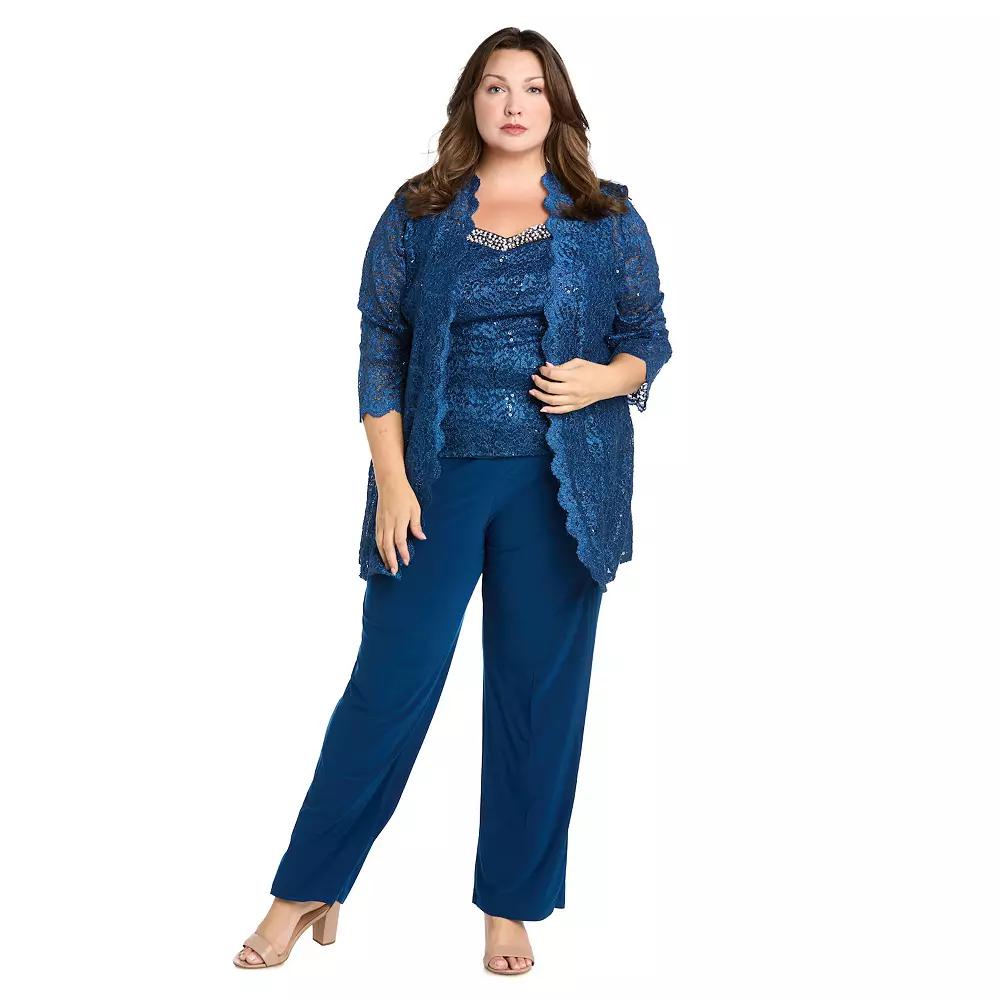 Plus Size R&M Richards 3-pc. Scallop Lace Duster, Beaded Neck Tank Top & Pants Set, Women's, Size: 20 W, Peacock Product Image