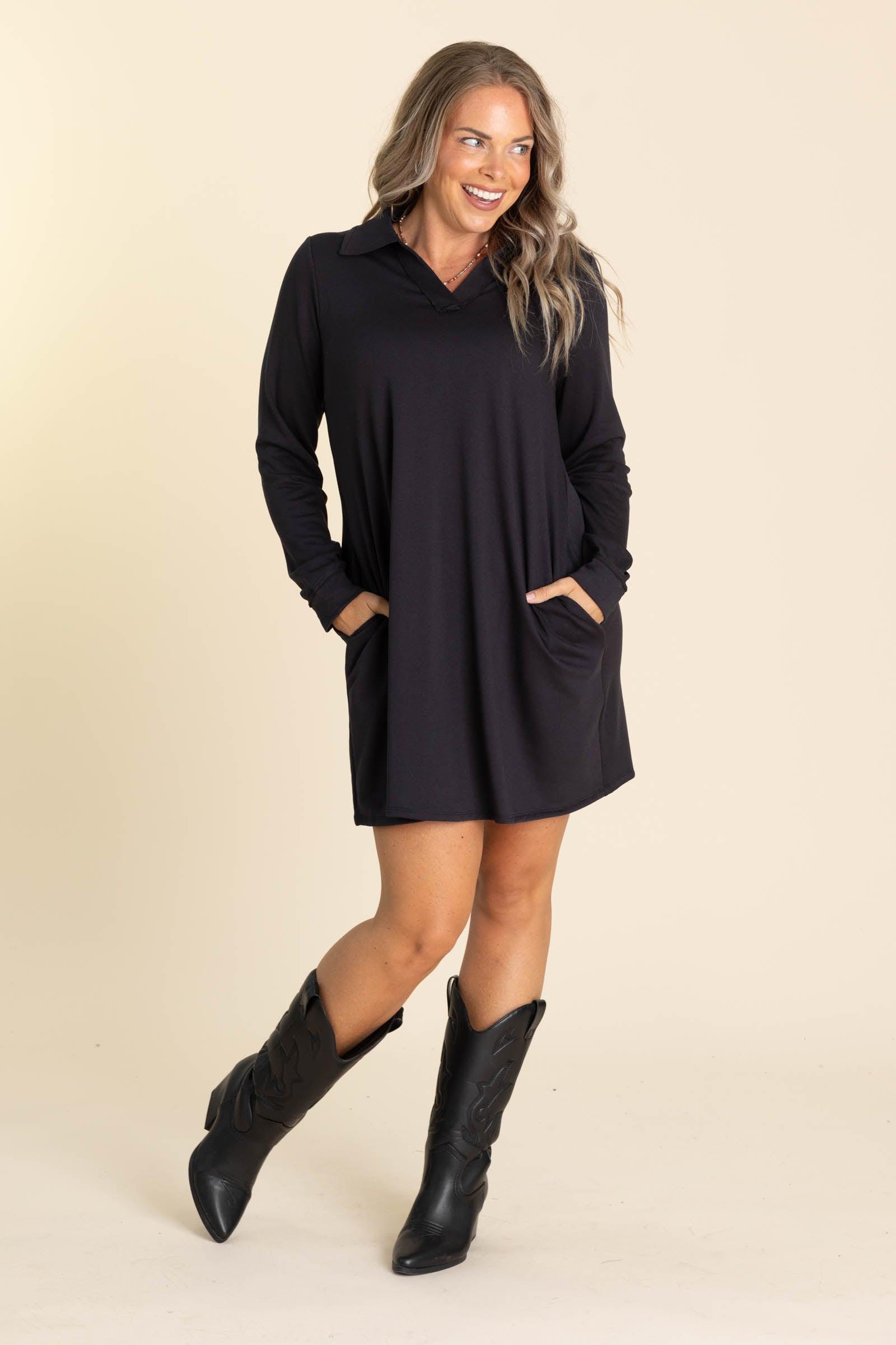 Collared Long Sleeve Knit Dresses With Pockets Product Image