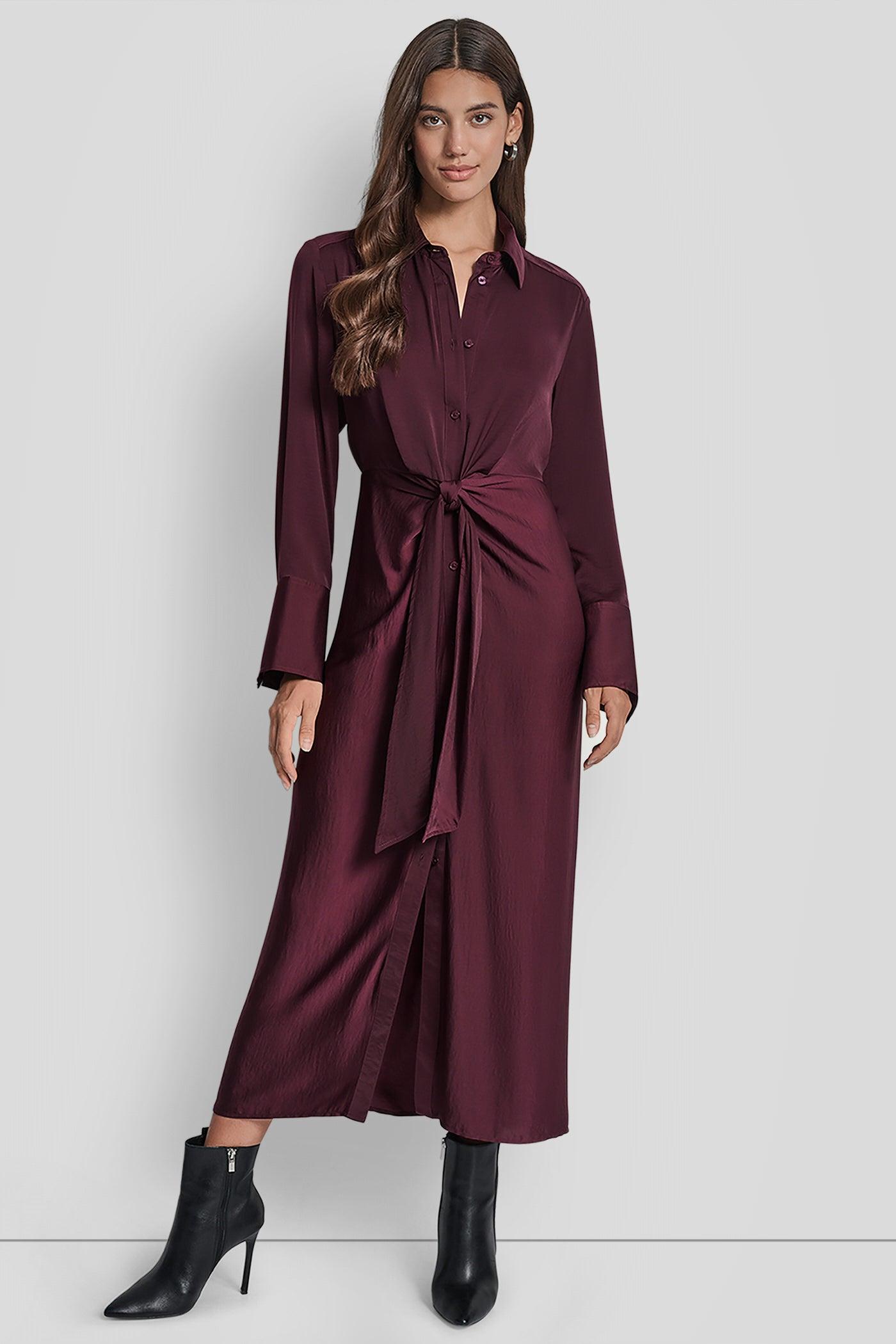 LONG SLEEVE BUTTON FRONT SHIRT DRESS WITH TIE WAIST Product Image