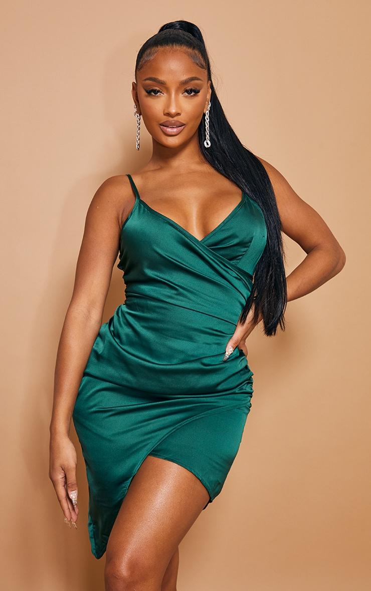 Shape Emerald Green Satin Wrap Dress Product Image