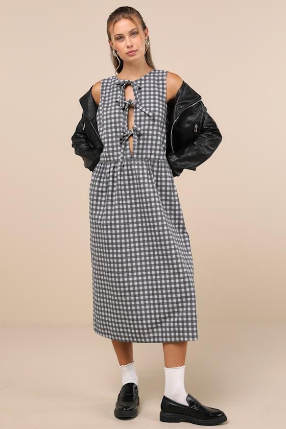 Prelith Black Gingham Tie-Front Midi Dress Product Image