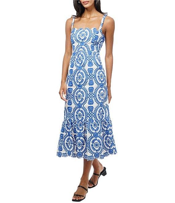 Adelyn Rae Shanna Embroidered Abstract Print Square Neck Sleeveless Fit and Flare Midi Dress Product Image