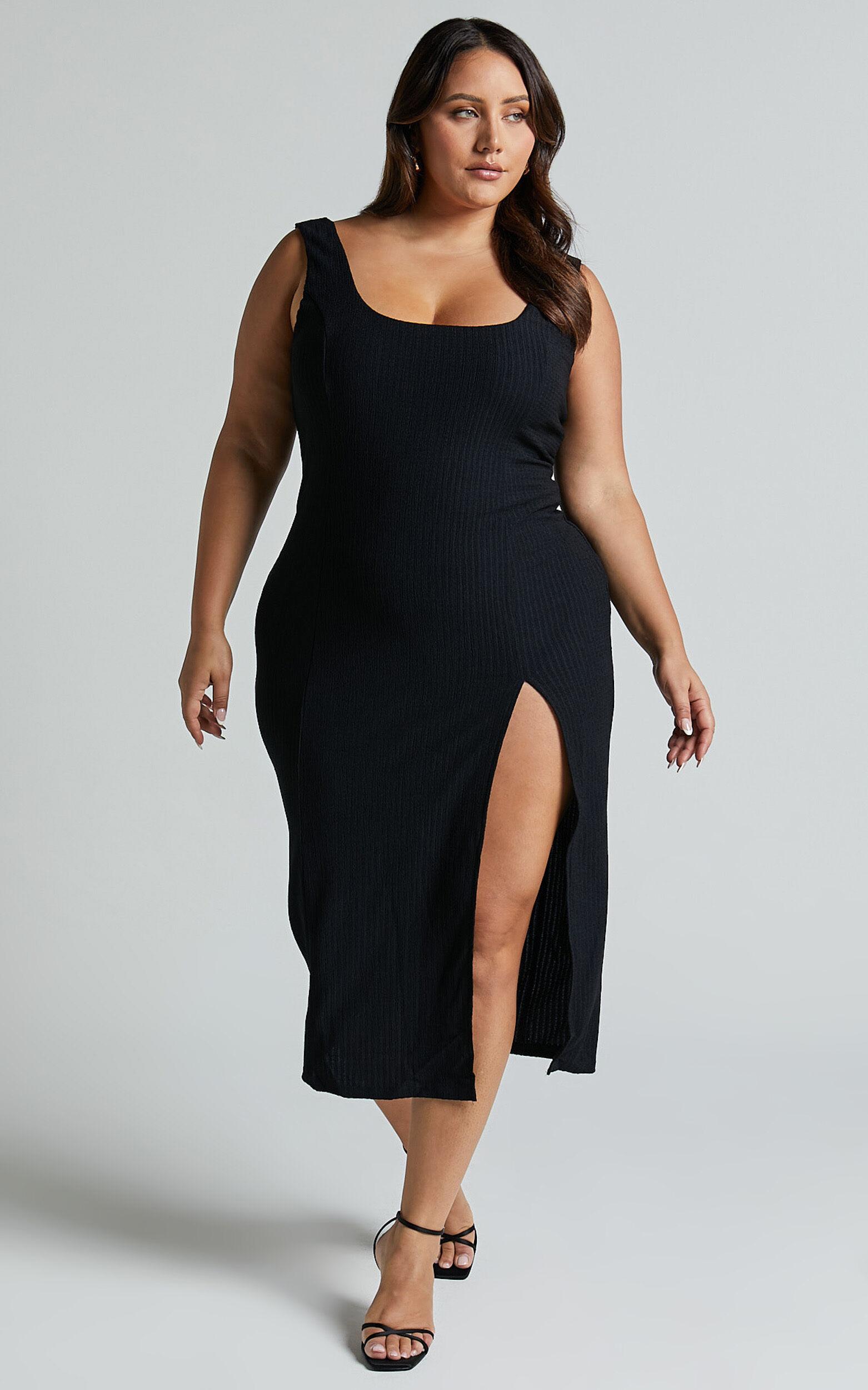 Wilder Midi Dress - Textured Thigh Split Bodycon Dress in Black Product Image