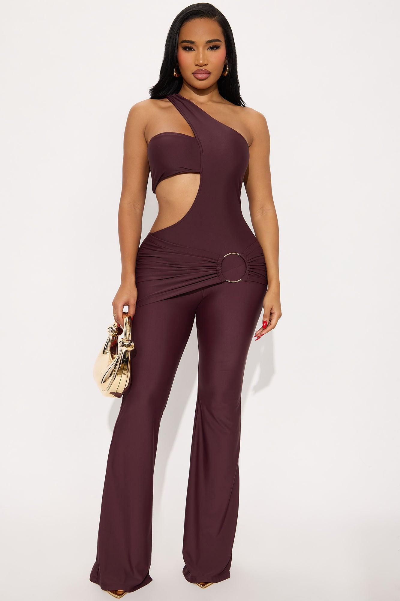 Text Me Never Flare Leg Jumpsuit - Plum Female Product Image
