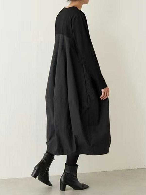 Long Sleeves Loose Split-Joint Round-Neck Midi Dresses Product Image