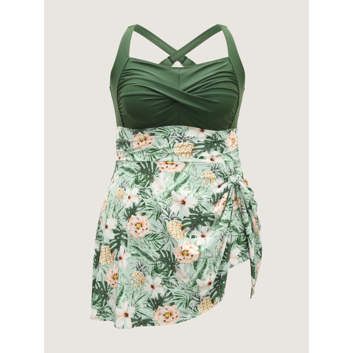 Plus Size Breezy Floral Knotted Twist Swim Dress Women's Swimwear ArmyGreen Resort Bodycon Heart neckline High stretch Curve Swim Dresses BloomChic 28/5X Product Image