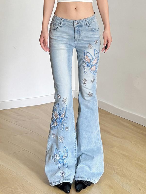 Butterfly Embroidery Beading Flare Jeans Product Image