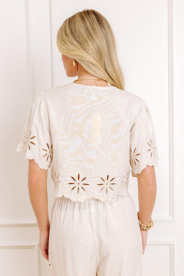 Sicily Stroll Linen-Blend Embroidered Top in Oatmeal Product Image
