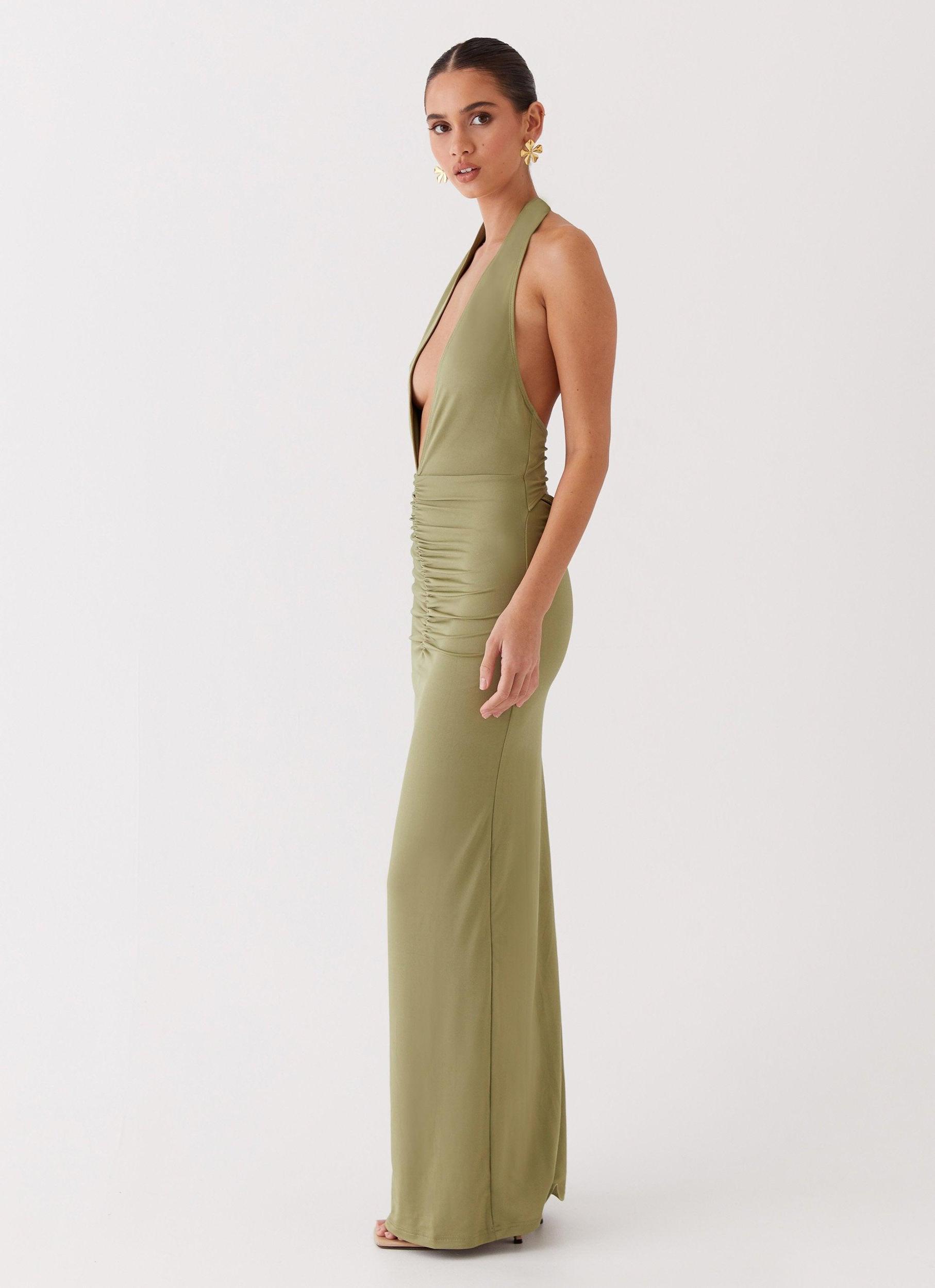 Whisked Away Halterneck Maxi Dress - Olive Product Image