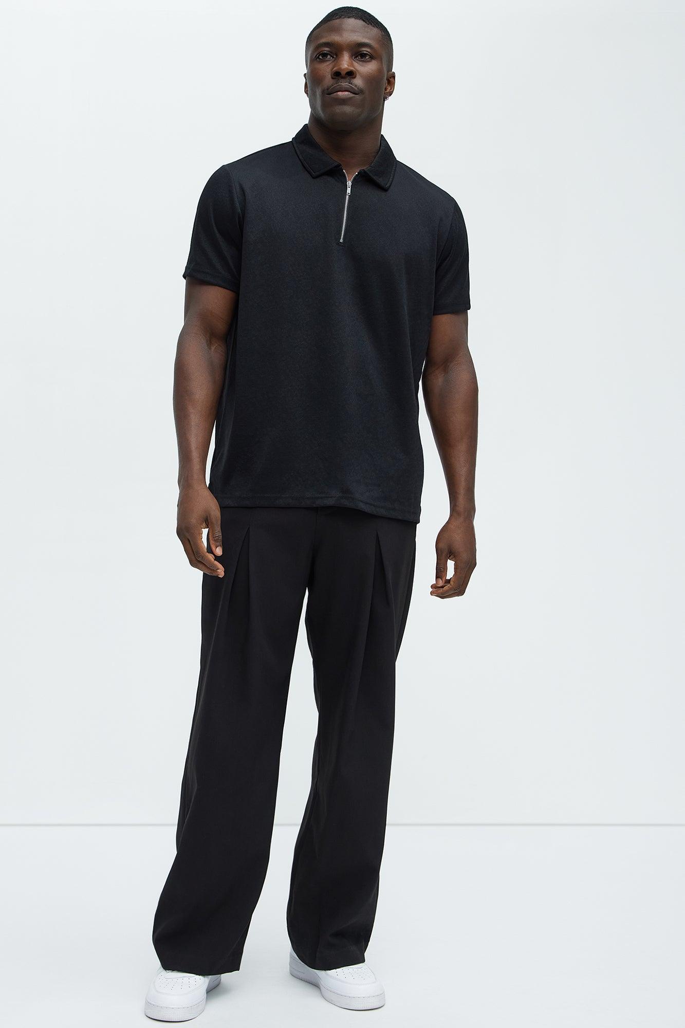 Jacquard Floral Knit Quarter Zip Polo Shirt - Black Product Image