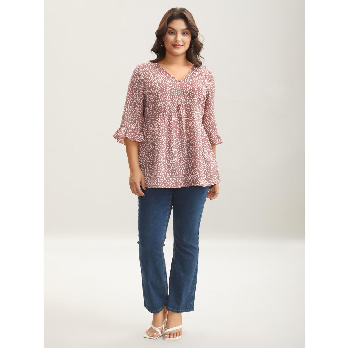 Plus Size DustyPink Leopard Print Ruffled Detail V-Neck Blouse Women Casual Elbow-length sleeve V-neck Everyday Blouses BloomChic 22-24/3X Product Image