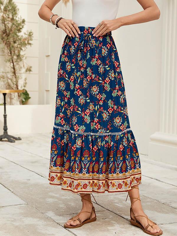 Loose Elasticity Flower Print Pleated Split-Joint Skirts Bottoms Product Image