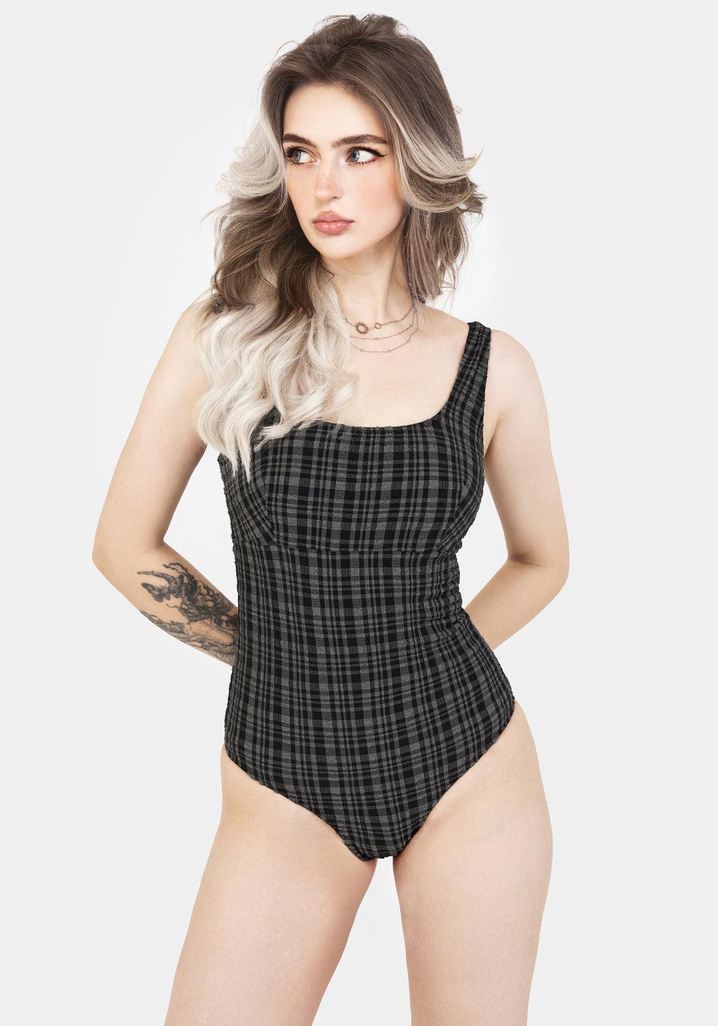 Slate Textured Check Square Neck Swimsuit Product Image