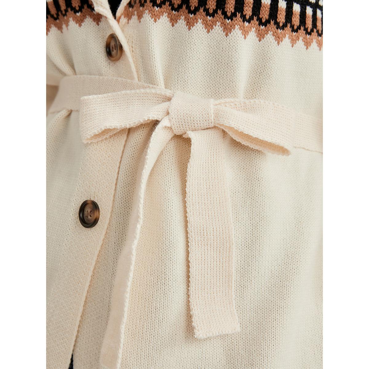 Plus Size Fair Isle Pointelle Knit Belted Jacquard Button Front Cardigan Multicolor Women Casual Loose Long Sleeve Dailywear Cardigans BloomChic 22-24/3X Product Image