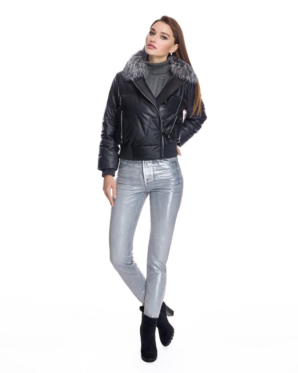 Leather Bomber Jacket With Silver Fox Collar Product Image