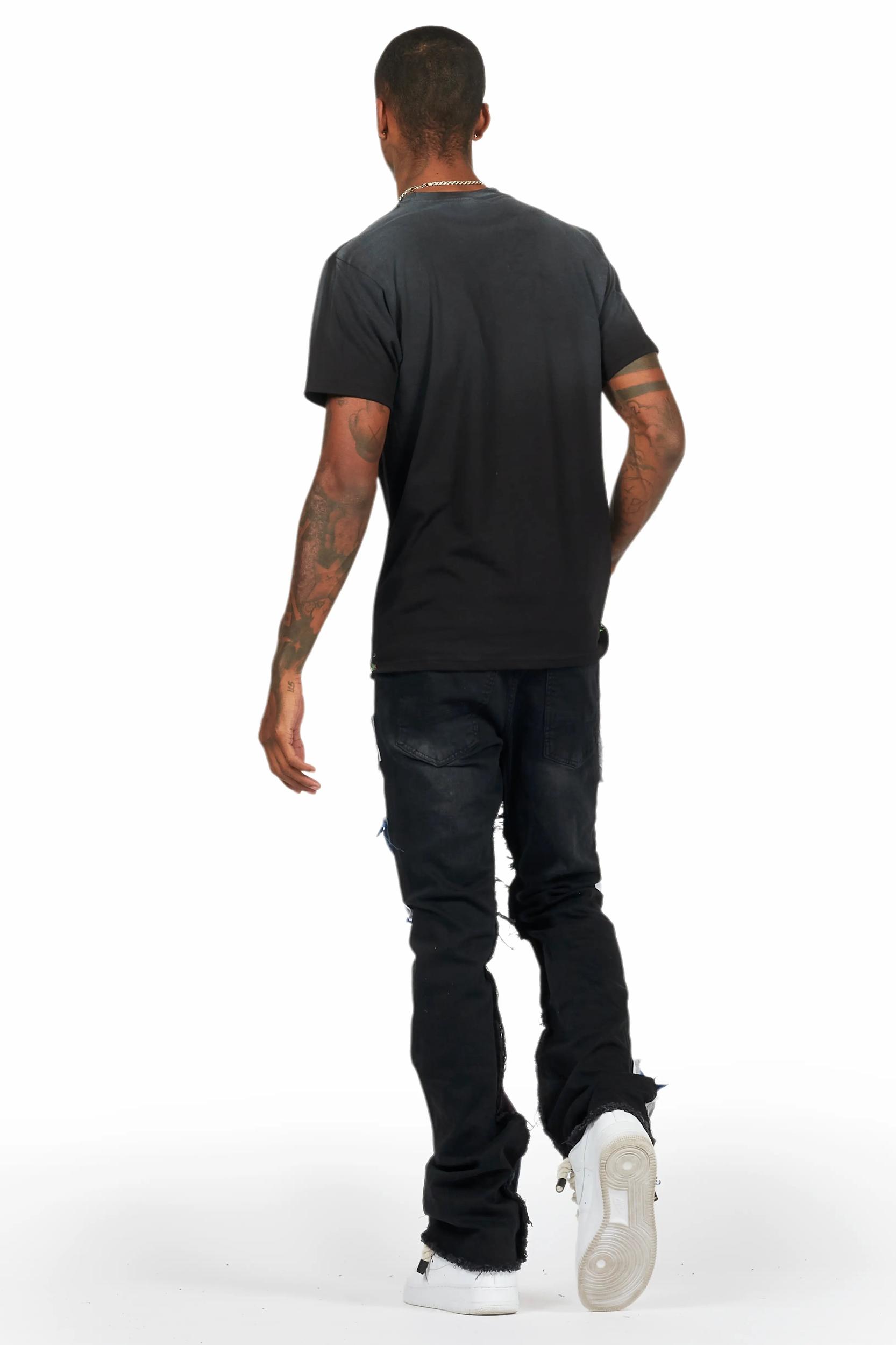 Helios Dark Grey Patchwork Stacked Flare Jean Male Product Image