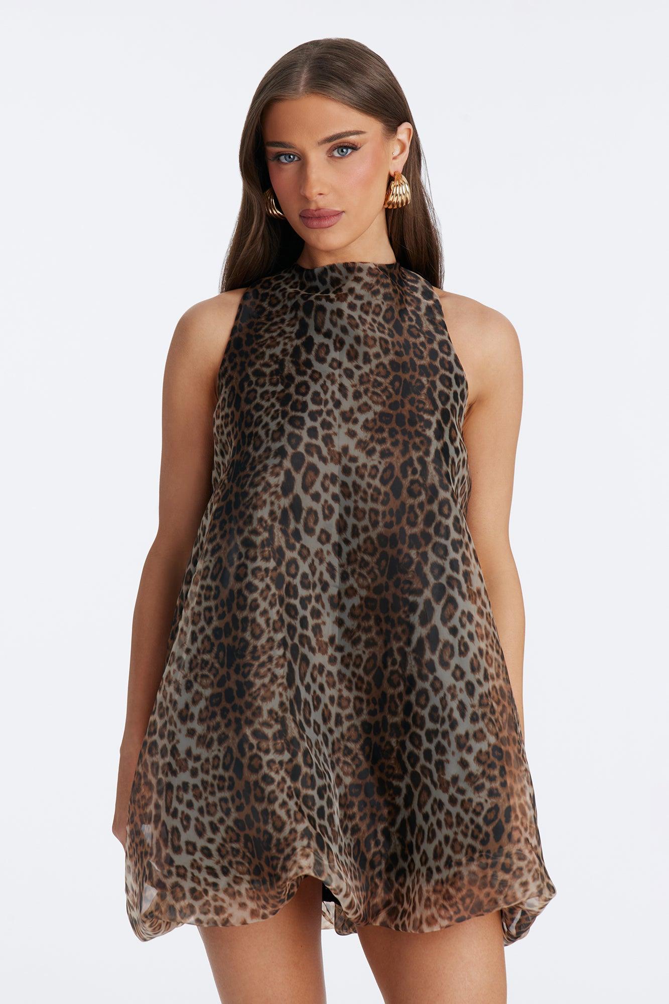 Maribel Lace Up Chiffon Mini Dress - Leopard Female Product Image