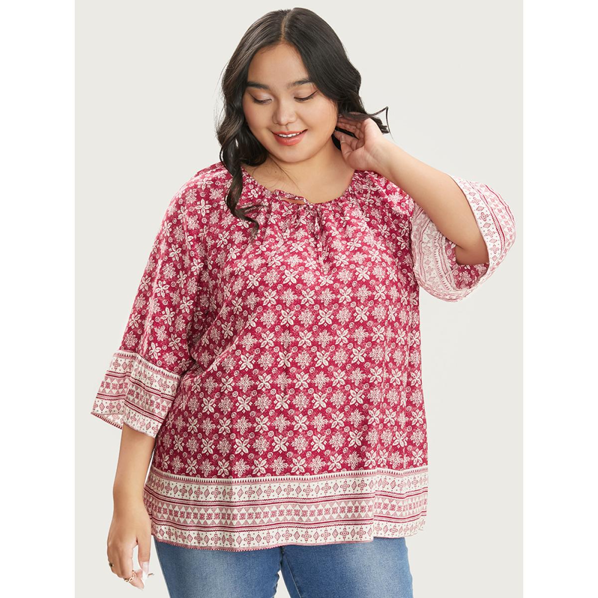Plus Size Crimson Floral Print Bell Sleeve Knotted Round Neck Blouse Women Vacation Elbow-length sleeve Round Neck Dailywear Blouses BloomChic 22-24/3X Product Image